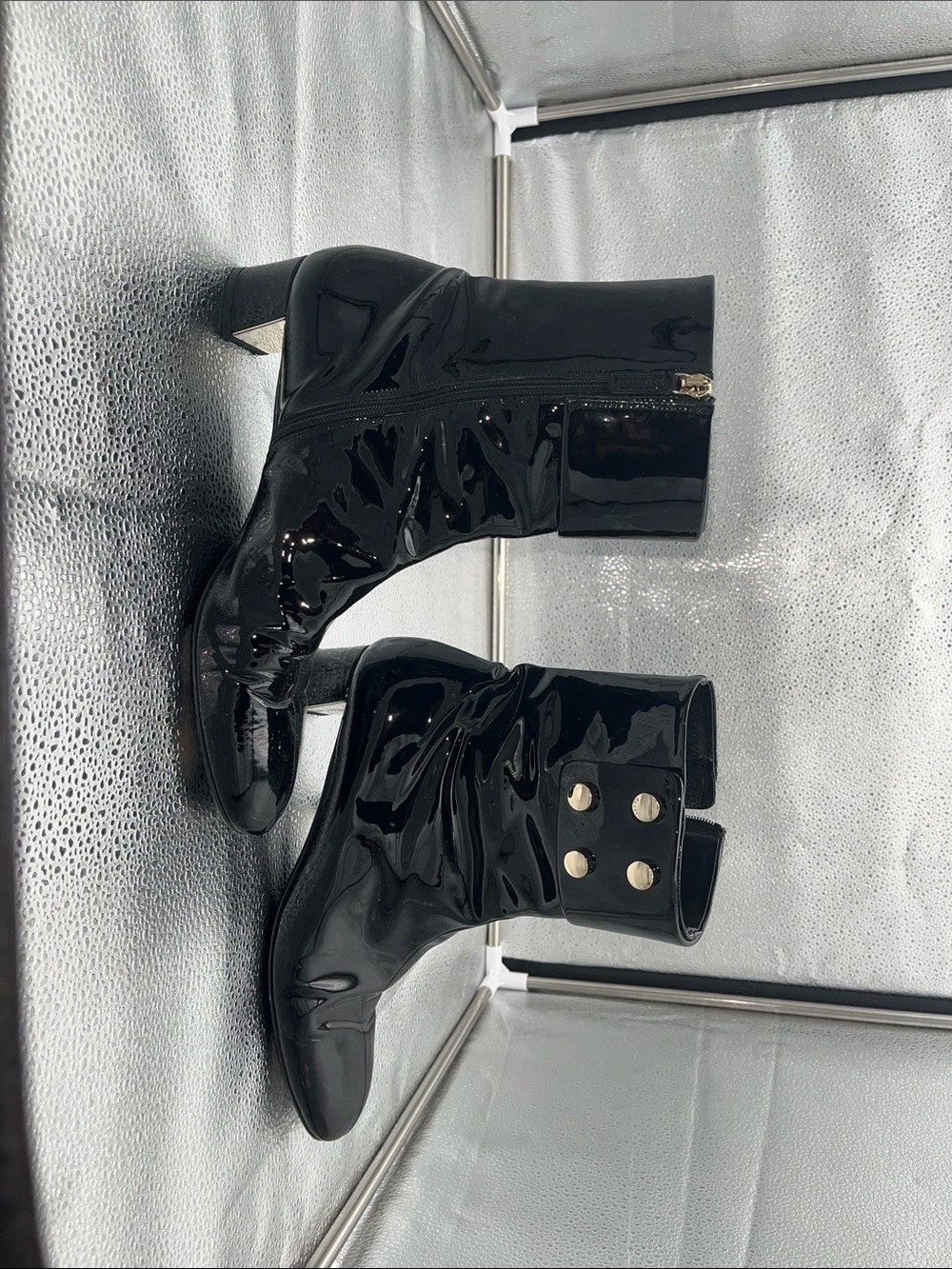Gucci Black Patent Leather Ankle Booties with Stud Cuff